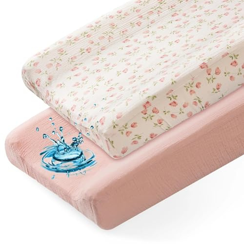 Basumee Muslin Changing Pad Cover Waterproof 2 Pack Baby Changing Table Covers for Boys and Girls Soft Breathable Nursery Diaper Change Table Cover Pad Fits 32x16, Pink
