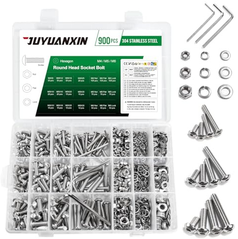Juego de 900 tornillos M4 M5 M6, tornillos de cabeza alomada con tuercas, tornillos de acero inoxidable con hexágono interior, juego de tuercas y arandelas, surtido de tornillos de cabeza redonda
