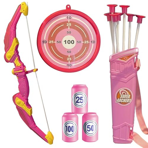 BEKKLPOU Juego De Arco y Flecha, Juguetes de Tiro con Arco, 10 Flechas con Ventosa, Objetivo y Puntas De Flecha, Adecuado para Entrenamiento En Interiores y Exteriores (Rosa)
