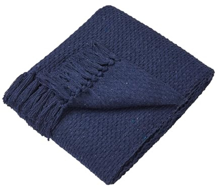 Drift Home - Canapé bleu marine pompon - Coton recyclé durable - Couverture texturée tissée - 180 x 130 cm