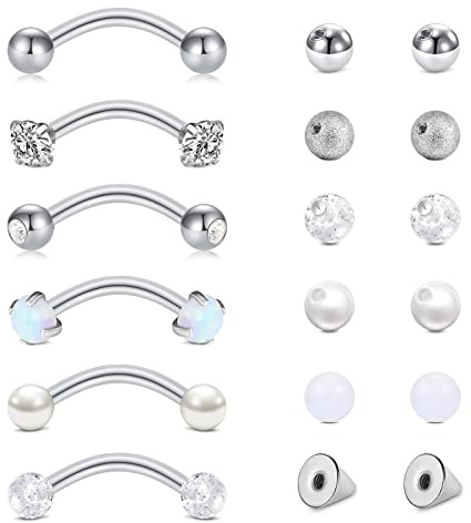 LAURITAMI 12 Pares Piercing Ceja Barra Reemplazo Bolas Acero Quirurgico 16G 10mm Barra Curva Labio Tragus Helix Daith Rook Piercing