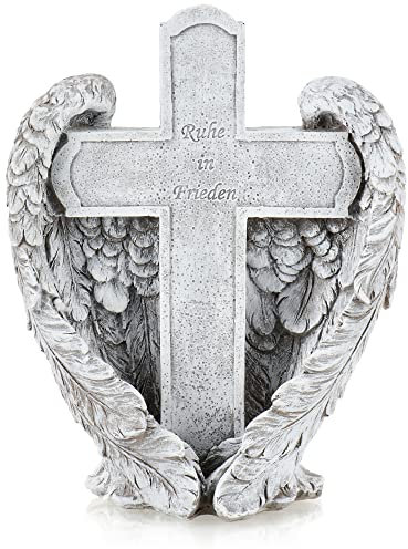 com-four® decoración funeraria Cruz con alas de ángel e inscripción - Piedra Conmemorativa Resistente al Clima - Adorno fúnebre Elegante con Frase de Consuelo - Recuerdo (1 Pieza - Cruz/ala)