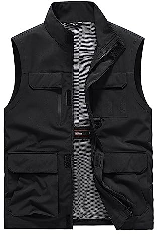 Gefomuofe Gilet d'été pour homme - Veste de pêche - Multifonction - Pour la chasse, la pêche, le camping - Sans manches - Avec de nombreuses poches, Noir , XXXL