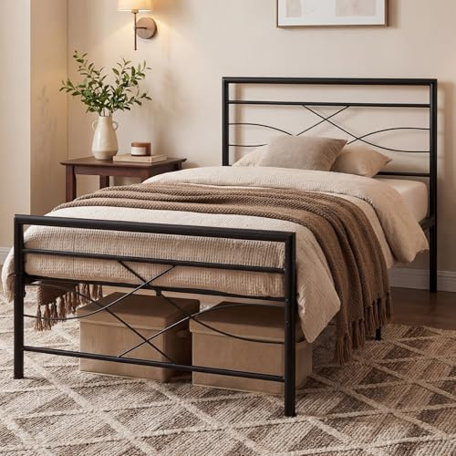 Panana Single 3FT Metal Bed Frame with Headboard and Footboard, 28cm Large Underbed Storage Space (Black, 3FT)