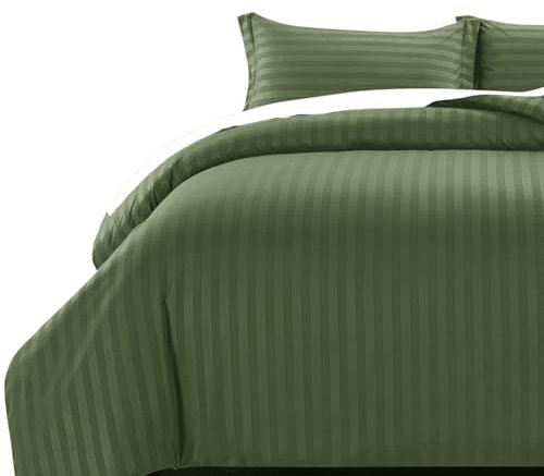 MOONLIGHT20015 Single Duvet Cover Set Reversible Stripes Satin Bedding Set with Pillowcase Soft Hypoallergenic Duvet Covers (Olive Green 135x200 CM)