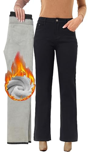 Fakanhui Fleecefodrade breda ben jeans vinter termisk flanell lösa avslappnade varma jeans
