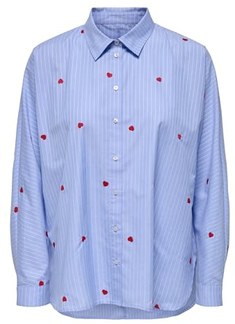 ONLY Onlnew Lina Grace - Blusa de Manga Larga para Mujer, diseño de Rayas con Corazones Bordados, Moonlight Blue Stripe Red Heart, XS