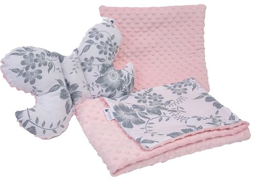 Medi Partners Juego de Manta para bebé 3en1 100% Algodón Manta de Gateo Minky 55x75 + Almohada Plana de 35x30cm y Almohada antichoque Mariposa