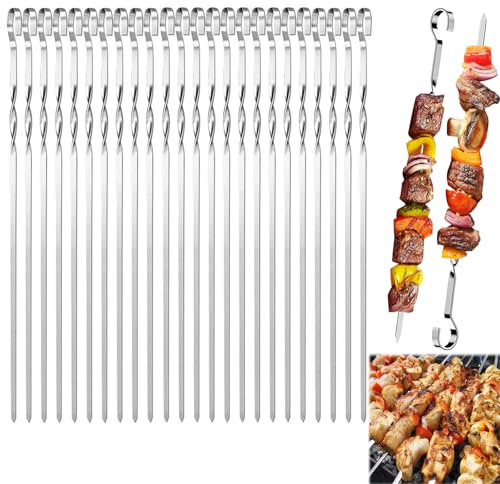 AOMAIGAD 24 Pièces Brochette inox, 30cm Brochettes de grillades, Brochettes RéUtilisables en Acier Inoxydable, Brochettes Pour Griller, Brochette Réutilisables pour Barbecue,Viande,légumes