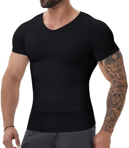 SLIMBELLE Body Shaper for Men V-Neck Elastic Slimming Waist Trainer Tummy Control Compression Shirt Men Base Layer Undershirts Compression top Shapewear Black