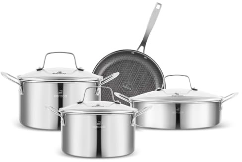 Karaca Ceramica Steel 3-Ply Stainless Steel Pot & Pan Set, Induction Cookware Set 7 Piece, Ceramic Non-Stick Coating Cooking Pots with Lids, Silver