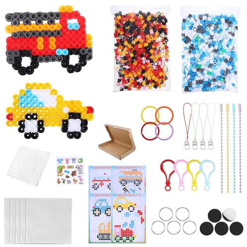 Lot de 1000 grandes perles à repasser de 10 mm avec boîte de rangement, planche à repasser, cordon, 10 motifs de référence pour véhicules de dessin animé, convient aux enfants à partir de 3 ans
