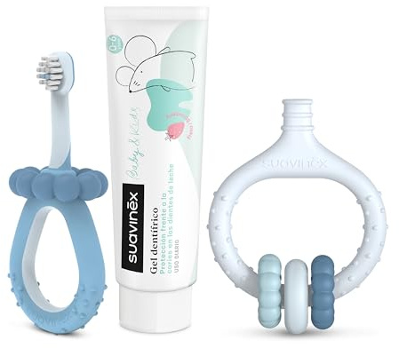 Suavinex, Set Inicio Cuidado Dental, Incluye: Cepillo de Dientes para Bebés + Masajeador Encías + Pasta de Dientes para Bebés, para Regalar, Mangos Ergonómicos, Uso Diario, +0 Meses, Azul