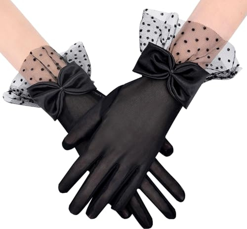 Feelorna Short Lace Gloves for Women, Mesh Tulle Gloves with Cute Bow and Polka Dot Ruffle Cuffs, Elegant Wrist Length Wedding Bridal Gloves Opera Glove for Banquet Costume Evening