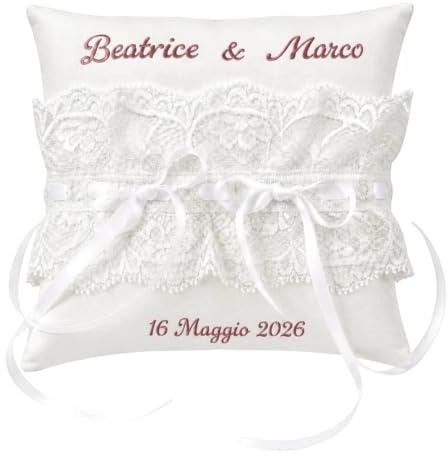 Tulle e MERAVIGLIE Cuscino Porta Fedi Nuziali Matrimonio Personalizzato con Nomi degli Sposi e Data, Fatto a Mano in Cotone Bianco e Pizzo