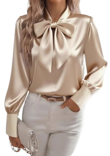 HESYSUAN - Camisas de lazo de cuello satinadas para mujer, blusas de seda elegantes de manga larga, tops casuales de vestir para negocios y trabajo para mujer 2025, caqui, L
