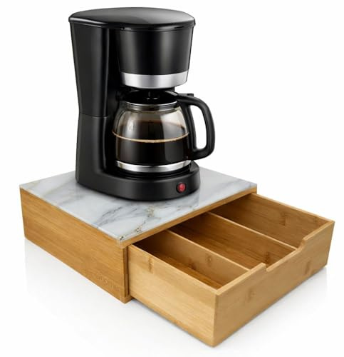 Cecaro Group- Porta Capsule Caffè con Cassetto in Bambù e Vetro Temperato Effetto Marmorizzato 30x30x10 cm - Supporto Macchina Caffè Salvaspazio