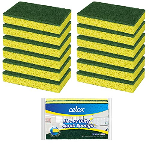 CELOX Sponges Kitchen Sponges for Dishes and Cleaning, 2-Sided Scrub Sponges Dish Sponge and Kitchen Sponge for Washing Dishes, Heavy Duty, Non-Scratch, Sinks, Household Use, Green and Yellow, 12-Pack