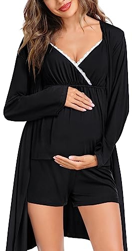 SWOMOG Womens Maternity Robe Set 3 Piece Nursing Pajamas for Breastfeeding 3 in 1 Labor Delivery Hospital Pregnancy Pjs Black