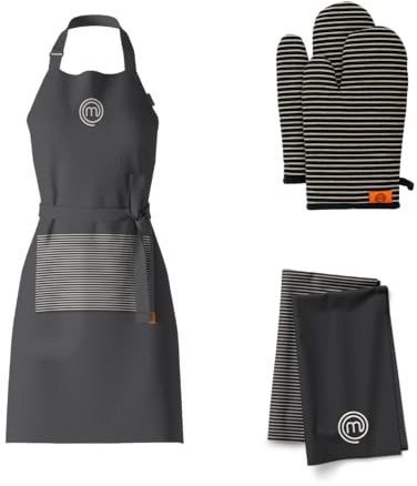 MasterChef Kitchen Set of Cooking Gifts for Men & Women, 5pc Set includes Chef Apron, Pair of Oven Mitts & 2 x Kitchen Towels, Premium Quality Cotton with Official Logo, Elite Black