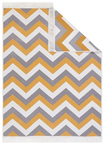 TAPISO Azteca Teppich Kurzflor mit Fransen Baumwolle Waschbar Beidseitig Anwendbar Creme Grau Orange Zig Zag Wohnzimmer Schlafzimmer Küche ÖKOTEX 120 x 170 cm