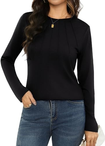 Gyabnw Camiseta de Manga Larga para Mujer Informal Camisa Plisada con Cuello Redondo Blusas Básico Chic y Elegante
