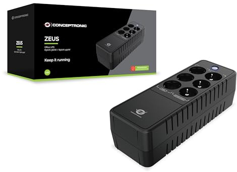 CONCEPTRONIC ZEUS09E 850 VA 490 W USV fürs Büro, 3 x Schuko mit Batterie- und Überspannungsschutz, 3 x Schuko mit Überspannungsschutz, RJ45 EIN-/Ausgang