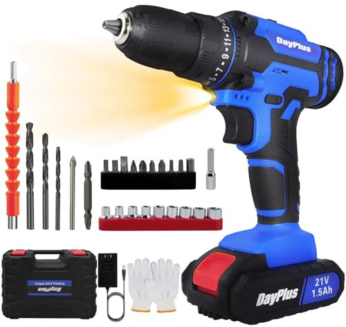 21V Cordless Drill Set, Electric Power Tool With Battery, Charger, 3/8'' Keyless Chuck, 45Nm, 25+1 Torque, 2 Variable Speeds, 26pcs Bits & LED Light for Home and Garden DIY