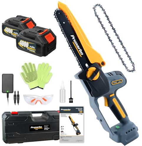 Prunarbo Mini Tronçonneuse Sans Fil 8 Pouces, 2 Batteries 4.0Ah, 800W Moteur Brushless, Lubrification Automatique, Compatible Makita 18V Batteries, Scie Électrique pour Jardin et Bricolage (PR-E8)