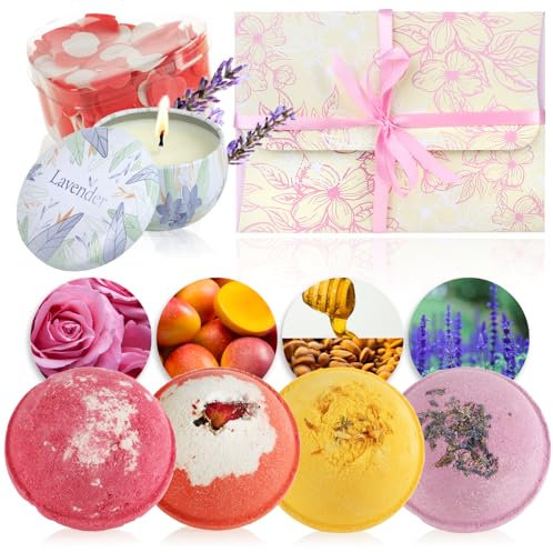 COM-FOUR® set di 6 bombe da bagno con candela di cera di soia e coriandoli da bagno - set regalo benessere per donne e uomini - set di bombe da bagno per San Valentino