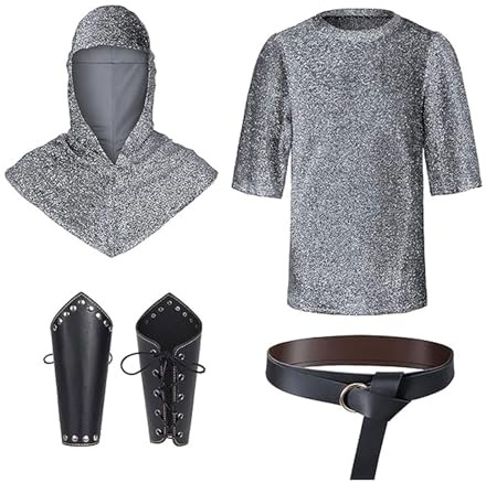 Cexiakong Juego de 5 piezas de malla de malla renacentista, túnica, camisa, caballero medieval, disfraz medieval, traje medieval, tirantes para cintura, color plateado