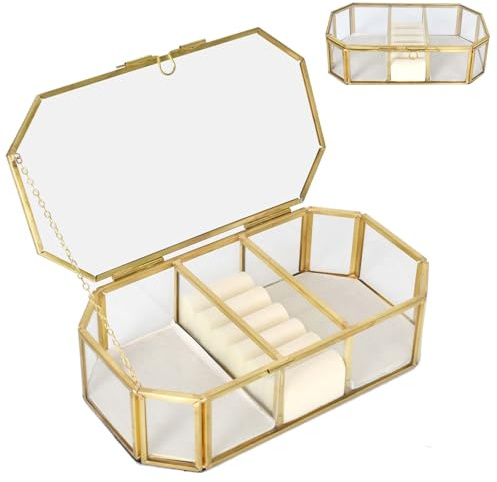 Luxvara Boîte à Bijoux Vintage, Boîte à Bijoux Vintage en Verre, Coffret Boîtes à Bijoux Dorée avec Couvercle, Organisateur Bijouxs Transparent pour Bagues, Bracelets, Colliers