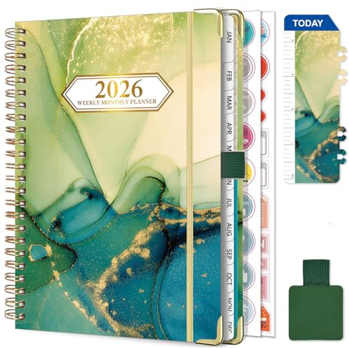 NEYSA Agenda 2026 Semainier Spirale de Janvier à Décembre 2026 (12 mois) A5 Agenda Scolaire Avec boucle de stylo,Règle Signet & Autocollants de plan (Vert)