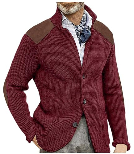 Generisch Giacca in maglia da uomo con blocchi di colore, scollo a camicia, giacca tradizionale con bottoni, vestibilità regolare, giacca in maglia tradizionale con maniche lunghe, giacca all'aperto