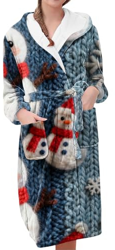 Generisch Albornoz de Navidad largo para mujer, albornoz para mujer, mullido, suave, con gráficos navideños, albornoz para mujer, bata de dormir, bata de sauna, bata de baño, BU1, M