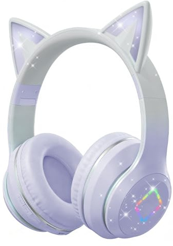 Caijin Auriculares Bluetooth Niños, Orejas de Gato LED, Bluetooth 5.3 Estéreo, Diadema Ajustable, Límite de Volumen 85dB, Plegables, Modos TF/Cable/Bluetooth, Compatibles con PC, Teléfono, iPad