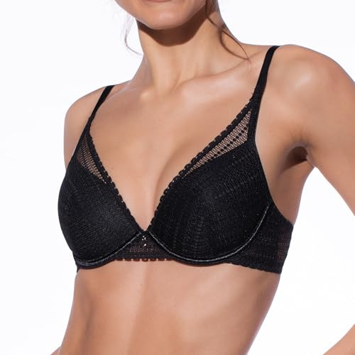 Selene, Bralette de Encaje Crocher con Copas Acolchadas y Aro, Sujetador Mujer Efecto Escote, Colección Vivian, Color Negro, Talla 110B