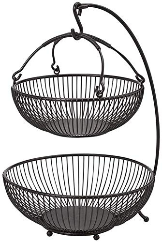 Wire Fruit Basket, Adjustable Basket with Fruit Banana Hooks Fruit Basket Modern Etagere Metal Black Two Large Fruit Bowls, Black