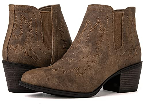 GLOBALWIN Cowboy Boots For Women Western Style Comfortable Pull On Short Ankle Cowgirl Boots Low Heel Camel Size 11M