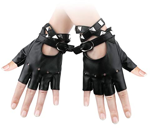 KINBOM 1 paio Guanti Senza Dita in Pelle, Morbidi in PU Guanti Mezze Dita in Pelle Guanti Senza Dita Punk Costumi Rocker Neri con Braccialetto a Spillo per Halloween Donna Adolescenti