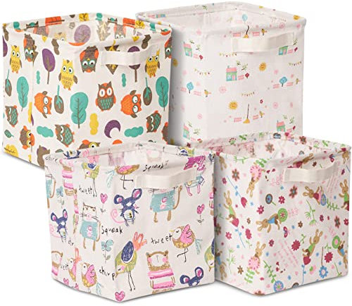 EZOWARE 4er Set Stoff Leinen Aufbewahrungskorb Organizer, Faltbare Wasserdicht Aufbewahrungsbox im Würfelform mit 2 Seiten Griffen - 26,7 x 26,7 x 26,7 cm, Kinder Süße Muster
