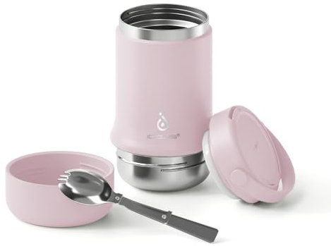 Ideus Essensbehälter mit der Faltlöffel, Edelstahl Isolierte Lebensmittelflasche 600ml, für Schule, Büro, Reise, Camping, 12 Stunden heiß, 24 Stunden kalt (20oz,Hellrosa)