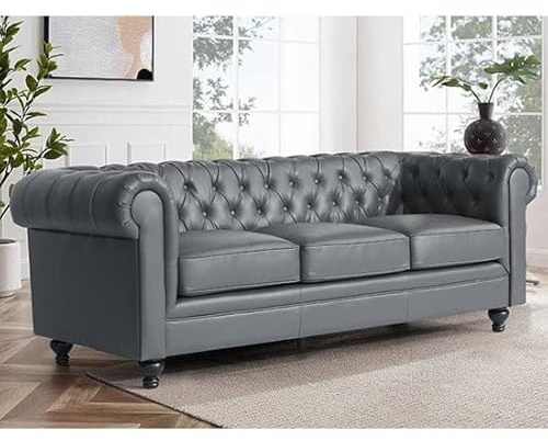 Hertford Chesterfield Faux Leather 3 Seater Sofa In Dark Grey