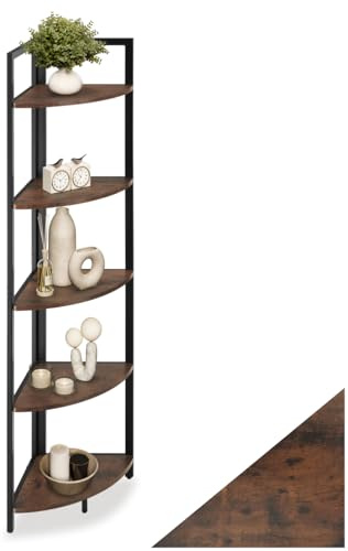 tectake® Scaffale ad Angolo 30 x 30 x 150 cm, Metallo e Legno, Libreria Design, Scaffale Salvaspazio, 5 Ripiani Arrotondati, Scaffalatura Moderna, Salotto e Ufficio - Legno Industriale Scuro