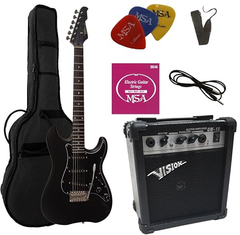 4/4 guitare electrique noir mat, Ensemble avec amplificateur 20 watts, sac, cordes, plectre