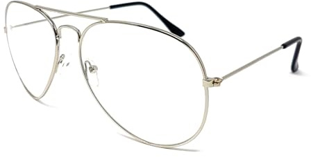 Clear Lens Pilot Style Glasses with UV400 Protection - Unisex (Silver)