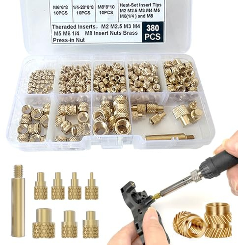 Heat Set Thread Inserts 380pcs Boxed with M2 M2.5 M3 M4 M5 M6(1/4) M8 Insert Tips for 3D Printing Components and Plastic Parts-Brass Metric Knurled Nuts