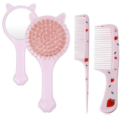 Bmeigo 3pcs Girls Hair Brush & Comb Set - Detangling Brush with Mirror & Wide Tooth Combs for Kids Curly Straight Long Hair, Pink Cat/Strawberry