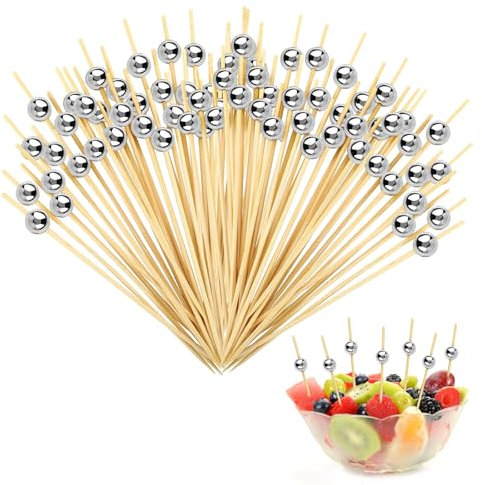 VINEST 200 Pièces Pique Aperitif Brochette, Pic Aperitif Jetables, Pic a Brochette Bambou, Cure Dent Bambou avec des Perles Rondes, Pic Brochette Bambou pour les Apéritifs les Fruits les Snacks