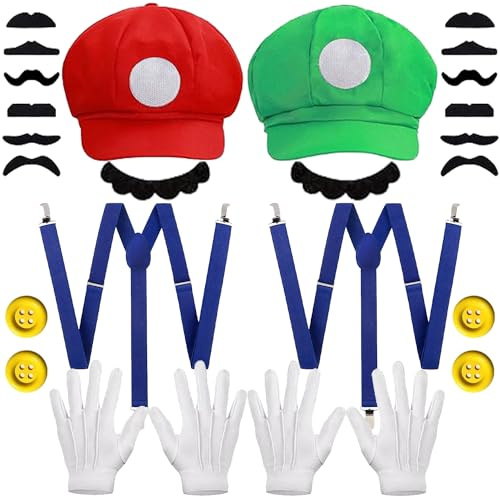 Disfraz Mario y Luigi, Gorra, Guantes, Bigote, Botones - Accesorios para Adultos - Carnaval, Cosplay y Halloween